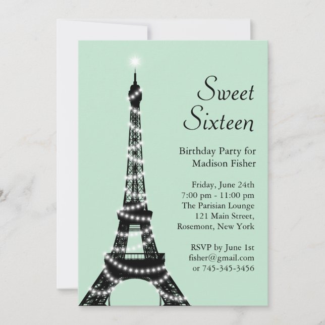 Sweet Sixteen Eiffel Tower Invitation in mint (Front)