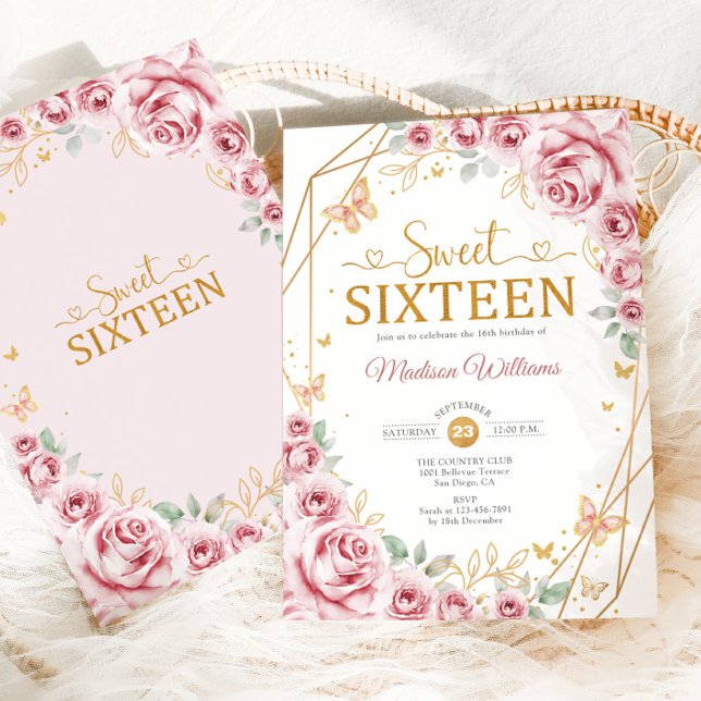  Sweet Sixteen Elegant Chic Pink Roses Gold Invitation (Creator Uploaded)