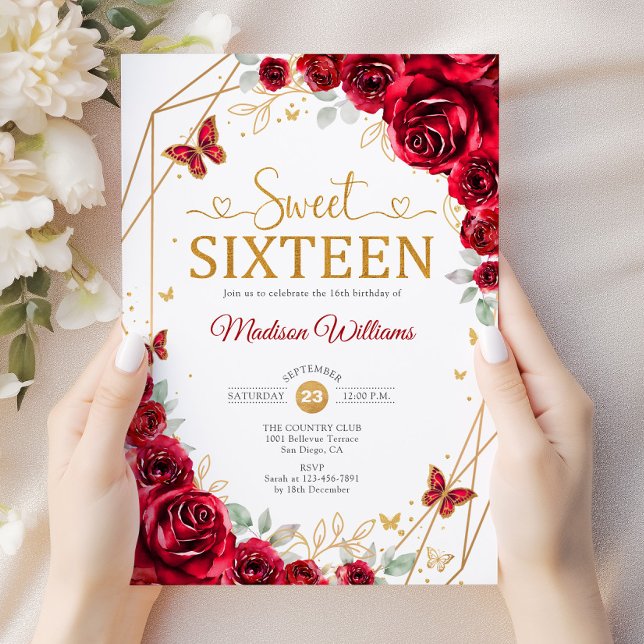  Sweet Sixteen Elegant Chic Red Roses Gold Invitation (Creator Uploaded)