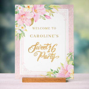 Sweet Sixteen Elegant Floral Pink Welcome Sign