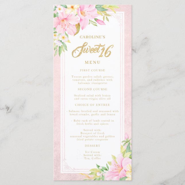 Sweet Sixteen Elegant Floral Watercolor Blush Pink Menu (Front)