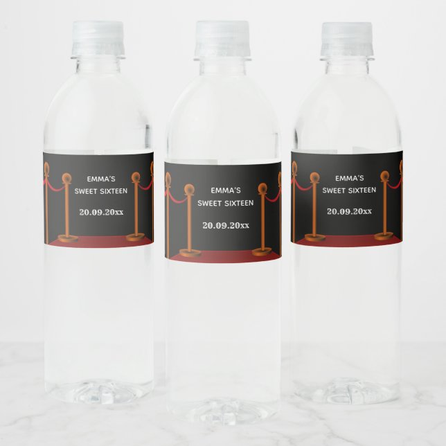  Sweet Sixteen Elegant Hollywood Red Carpet Water Bottle Label (Bottles)