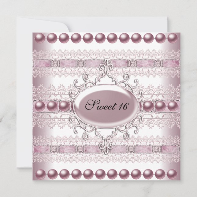 Sweet Sixteen Elegant Pearl Silver Pink Lace Invitation (Front)
