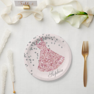 Sweet Sixteen Elegant Pink Sparkle Dress Modern Paper Plate