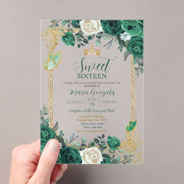 Sweet Sixteen Emerald Green & Gold Birthday Acrylic Invitations (Insitu (Handheld))