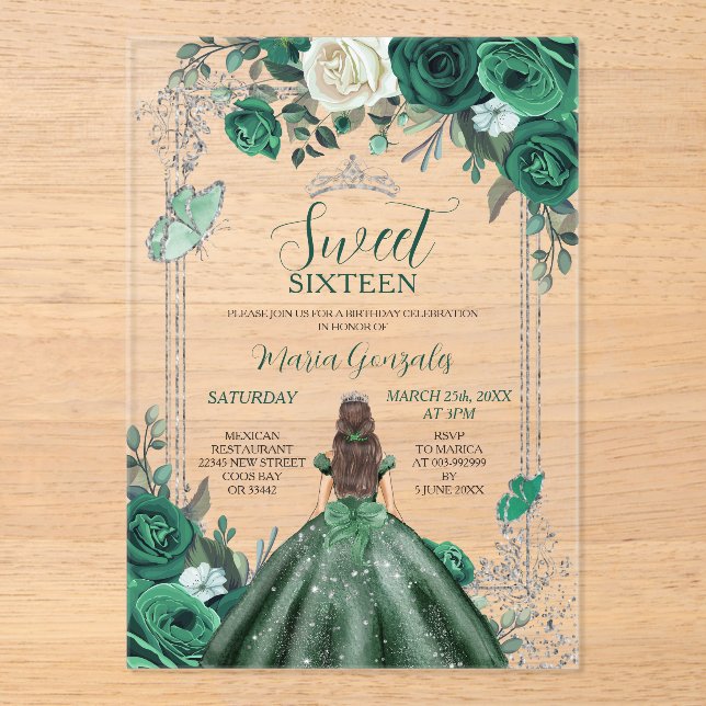 Sweet Sixteen Emerald Green & Silver Birthday Acrylic Invitations (Front)