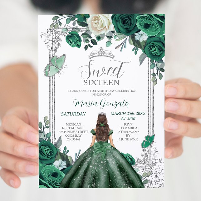 Sweet Sixteen Emerald Green & Silver Birthday  Invitation (Creator Uploaded)