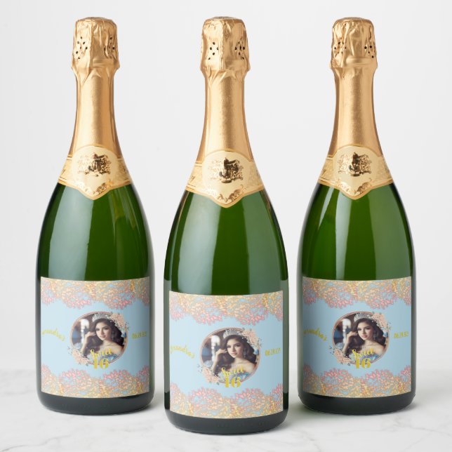 Sweet sixteen Fairytale Princess Photo Sparkling Wine Label (Bottles)