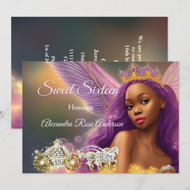 Sweet Sixteen Fairytale Purple Pink Gold Carriage  Invitation (Front/Back)