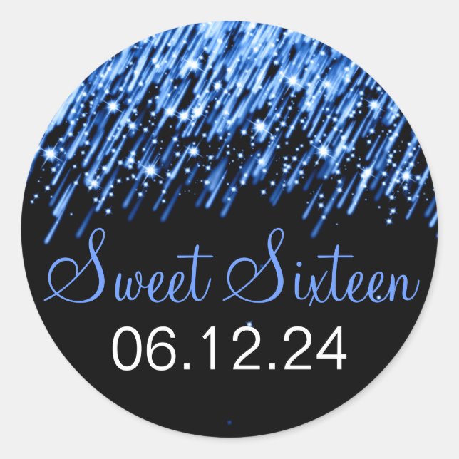 Sweet Sixteen Falling Stars Blue Classic Round Sticker (Front)