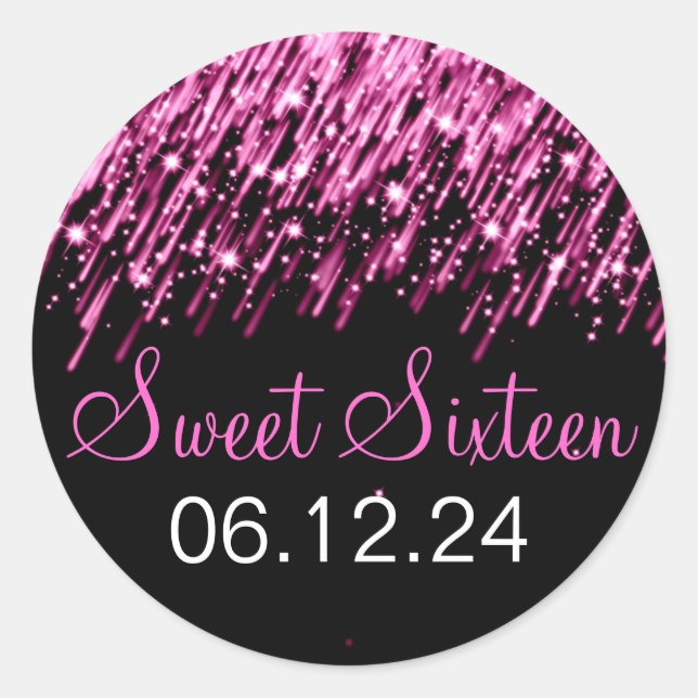 Sweet Sixteen Falling Stars Pink Classic Round Sticker (Front)