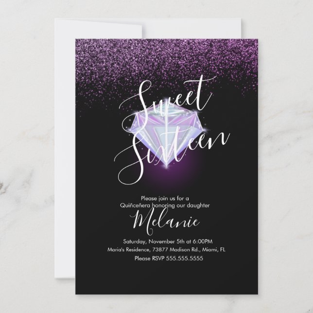 Sweet Sixteen Faux Diamond Gem Purple Invitation (Front)