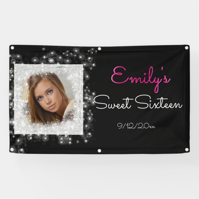 Sweet Sixteen, Faux Glitter, Custom Photo Banner (Horizontal)