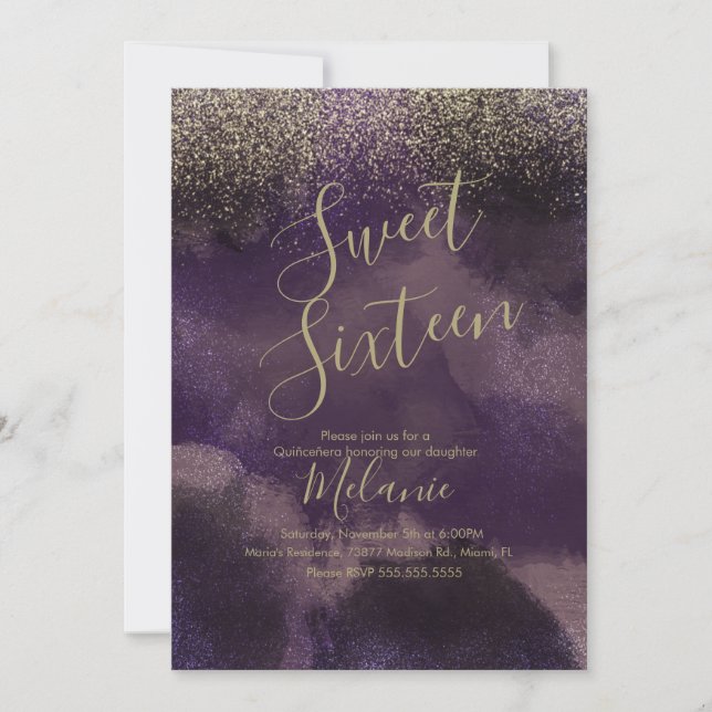 Sweet Sixteen Faux Glitter Purple Gold Birthday  Invitation (Front)