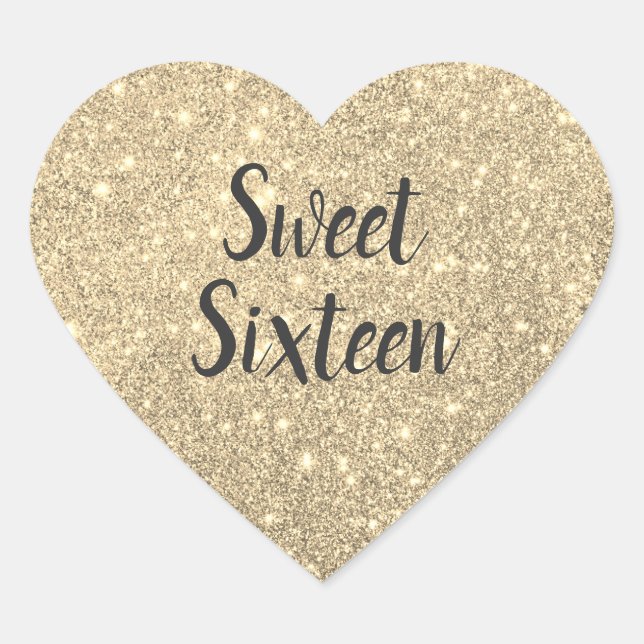 Sweet Sixteen Faux Gold Glitter Heart Sticker (Front)