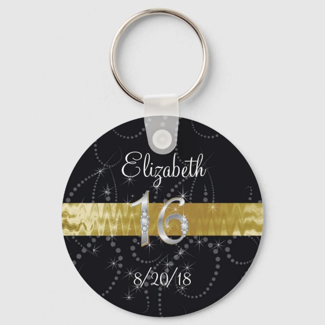 Sweet Sixteen, Faux Gold & Silver, Party Favor Key Ring (Front)