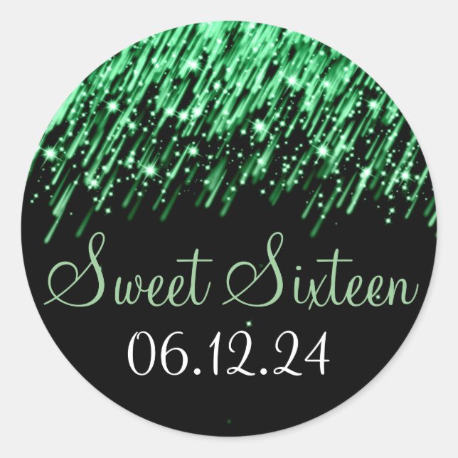 Sweet Sixteen Favour Falling Stars Green Classic Round Sticker (Front)