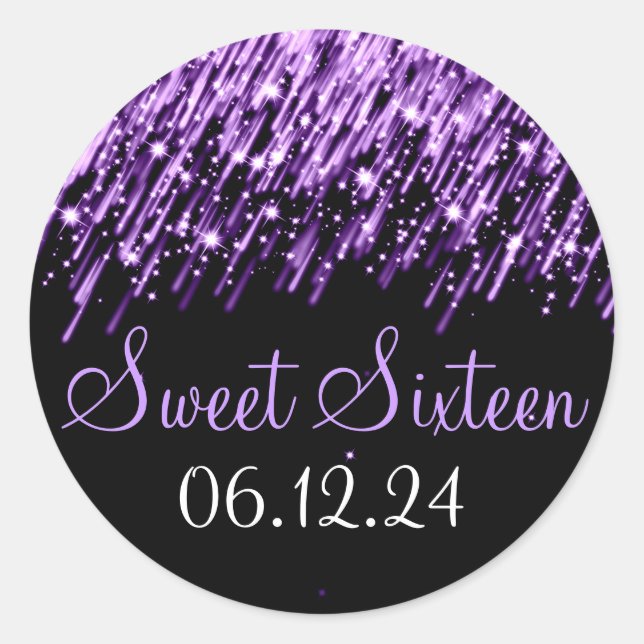 Sweet Sixteen Favour Falling Stars Purple Classic Round Sticker (Front)