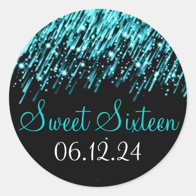 Sweet Sixteen Favour Falling Stars Turquoise Classic Round Sticker (Front)