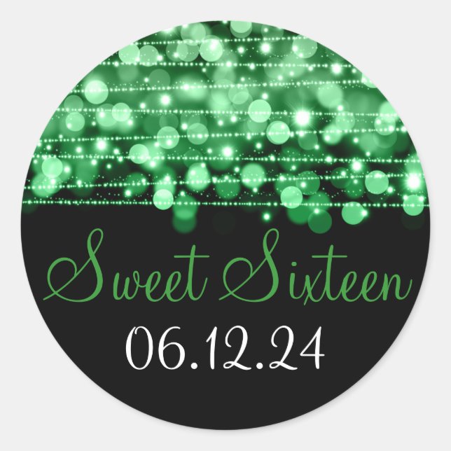Sweet Sixteen Favour Party Sparkles Green Classic Round Sticker (Front)