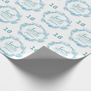 Sweet sixteen feathers beads aqua white watercolor wrapping paper