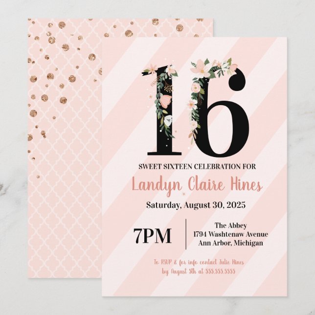 Sweet Sixteen Floral 16 Pink & Blush Birthday Invitation (Front/Back)
