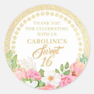 Sweet Sixteen Floral Elegant Rose Pink Thank You Classic Round Sticker
