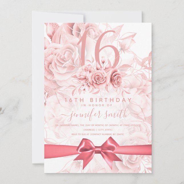 Sweet Sixteen Floral Girly Rose Gold & Blush Pink Invitation (Front)