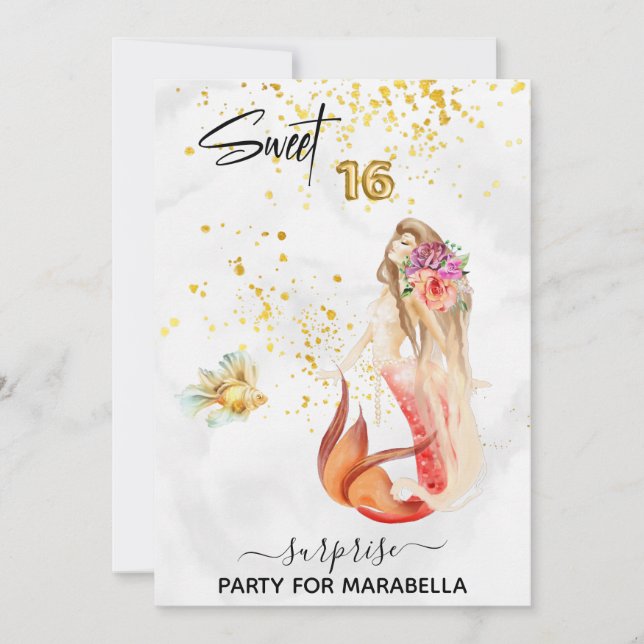 *~* SWEET SIXTEEN Floral Mermaid 16 Birthday Invitation (Front)