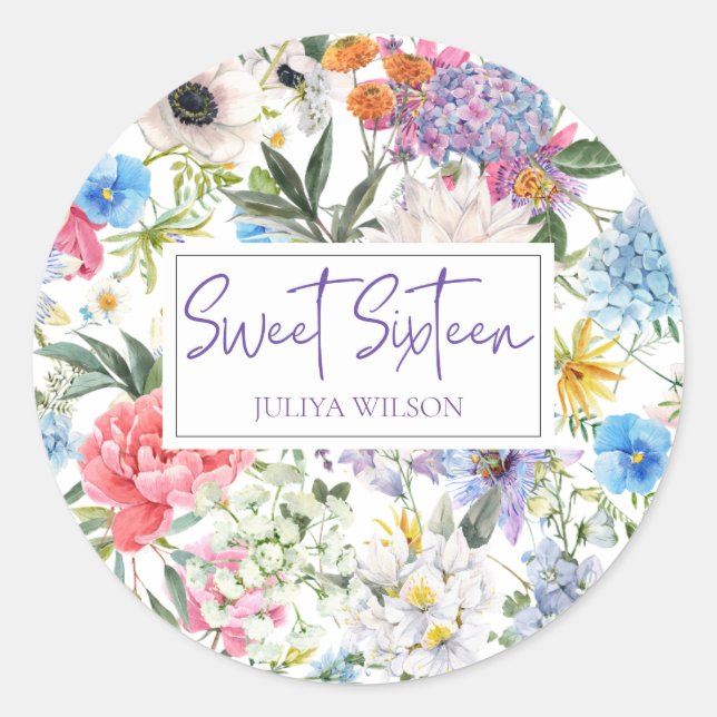 Sweet Sixteen flower garden  Classic Round Sticker (Front)