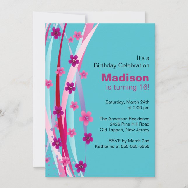 Sweet Sixteen Foral Ribbons Birthday Invite (Front)