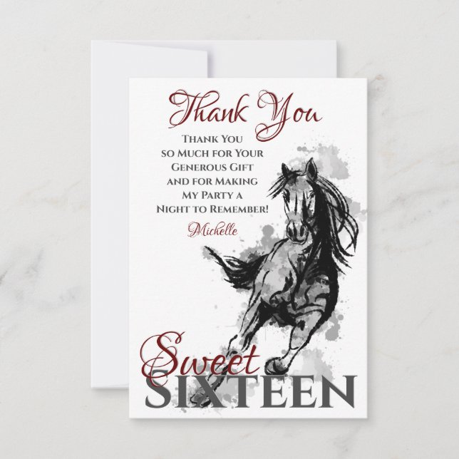 Sweet Sixteen Galloping Horse Sketch Flat Birthday Thank You Card (Front)