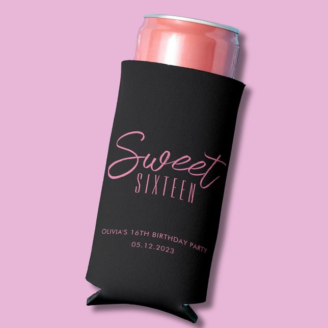 Sweet Sixteen Girls pink 16th birthday party Seltzer Can Cooler (Sweet Sixteen 16th Sixteenth girls birthday party can coolers in black & pink. See full range.)