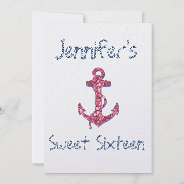 Sweet Sixteen Girly, Fun, Pink Glitter Anchor Invitation (Front)