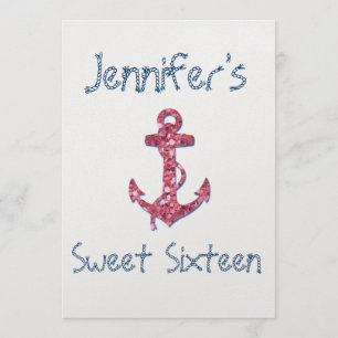 Sweet Sixteen Girly, Fun, Pink Glitter Anchor Invitation