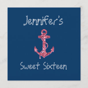 Sweet Sixteen Girly, Nautical Pink Glitter Anchor Invitation