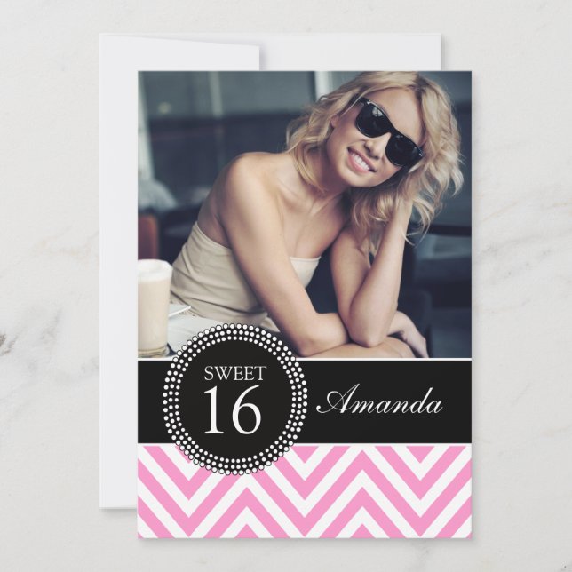 SWEET SIXTEEN GIRLY PINK CHEVRON PATTERN INVITATION (Front)