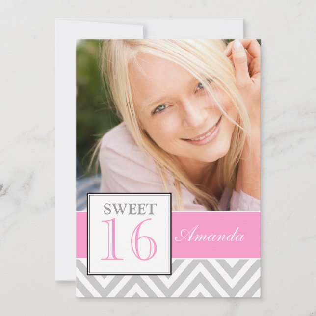 SWEET SIXTEEN GIRLY PINK GRAY CHEVRON PATTERN INVITATION (Front)