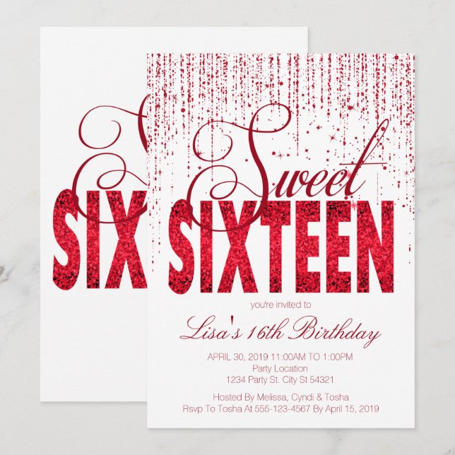 Sweet Sixteen, Glam Red Glitter Invitations (Front/Back)