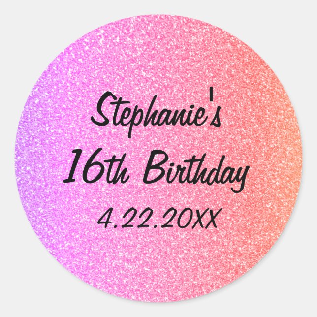 Sweet Sixteen Glittery Pink 16th Birthday Party Classic Round Sticker (Front)