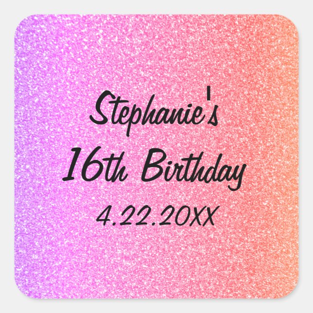 Sweet Sixteen Glittery Pink 16th Birthday Party Square Sticker (Front)