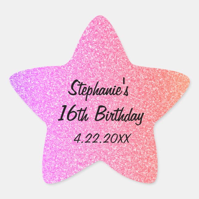 Sweet Sixteen Glittery Pink 16th Birthday Party Star Sticker (Front)