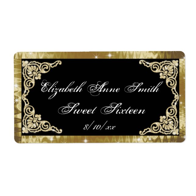 Sweet Sixteen, Gold and Black Water Bottle Labels (Front)