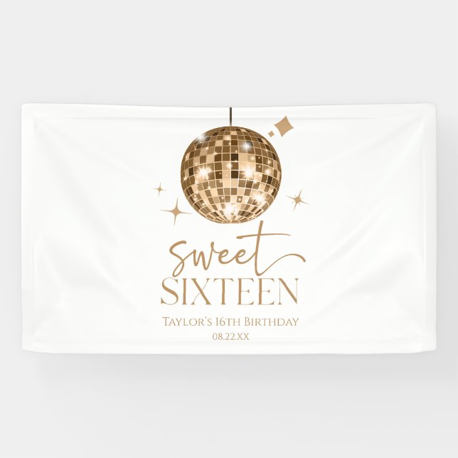 Sweet Sixteen Gold Disco Ball 16th Birthday Party Banner (Horizontal)