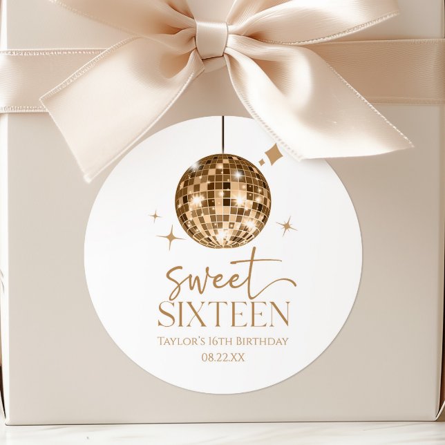 Sweet Sixteen Gold Disco Ball 16th Birthday Party Classic Round Sticker (Creator Uploaded)