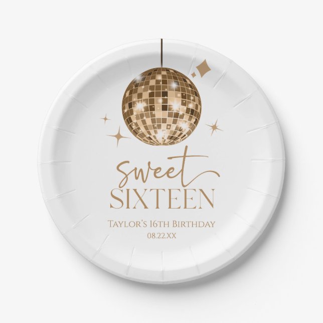 Sweet Sixteen Gold Disco Ball 16th Birthday Party Paper Plate (Front)