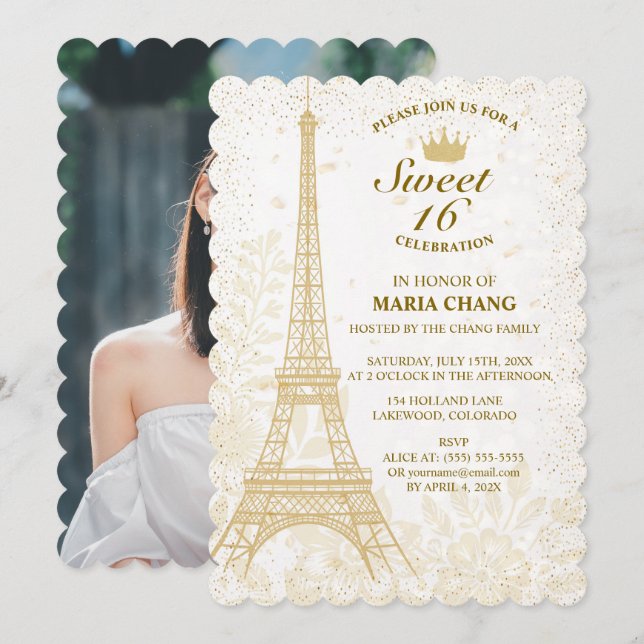 Sweet Sixteen: Gold Eiffel Tower and Floral Accent Invitation (Front/Back)