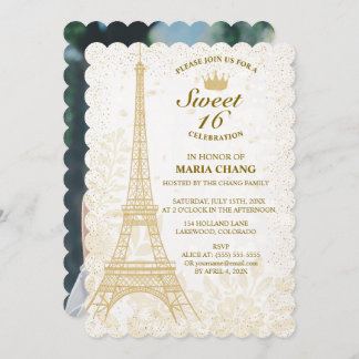 Sweet Sixteen: Gold Eiffel Tower and Floral Accent Invitation