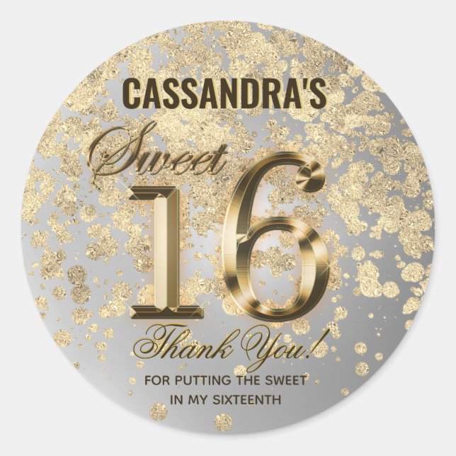 Sweet Sixteen Gold Faux Foil and Glitter Classic Round Sticker (Front)