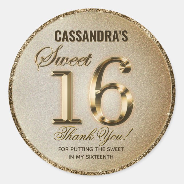 Sweet Sixteen Gold Faux Foil Glitter Classic Round Sticker (Front)